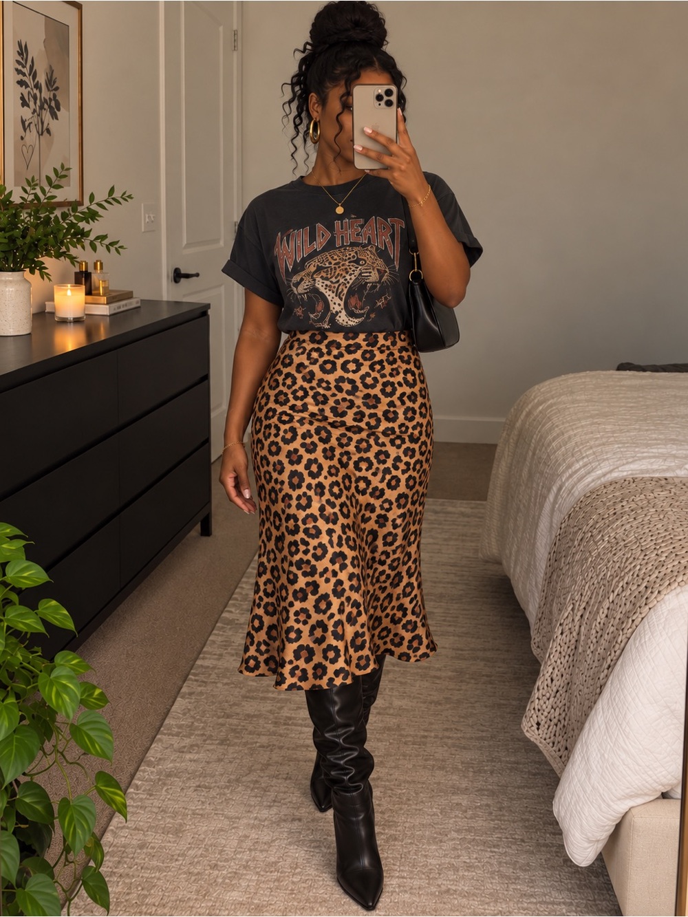 Francesca's Collections Womens Leopard Print Silk Satin Skirt